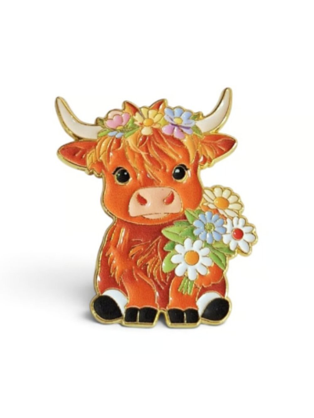 Highland Cow with Flowers Enamel Pin